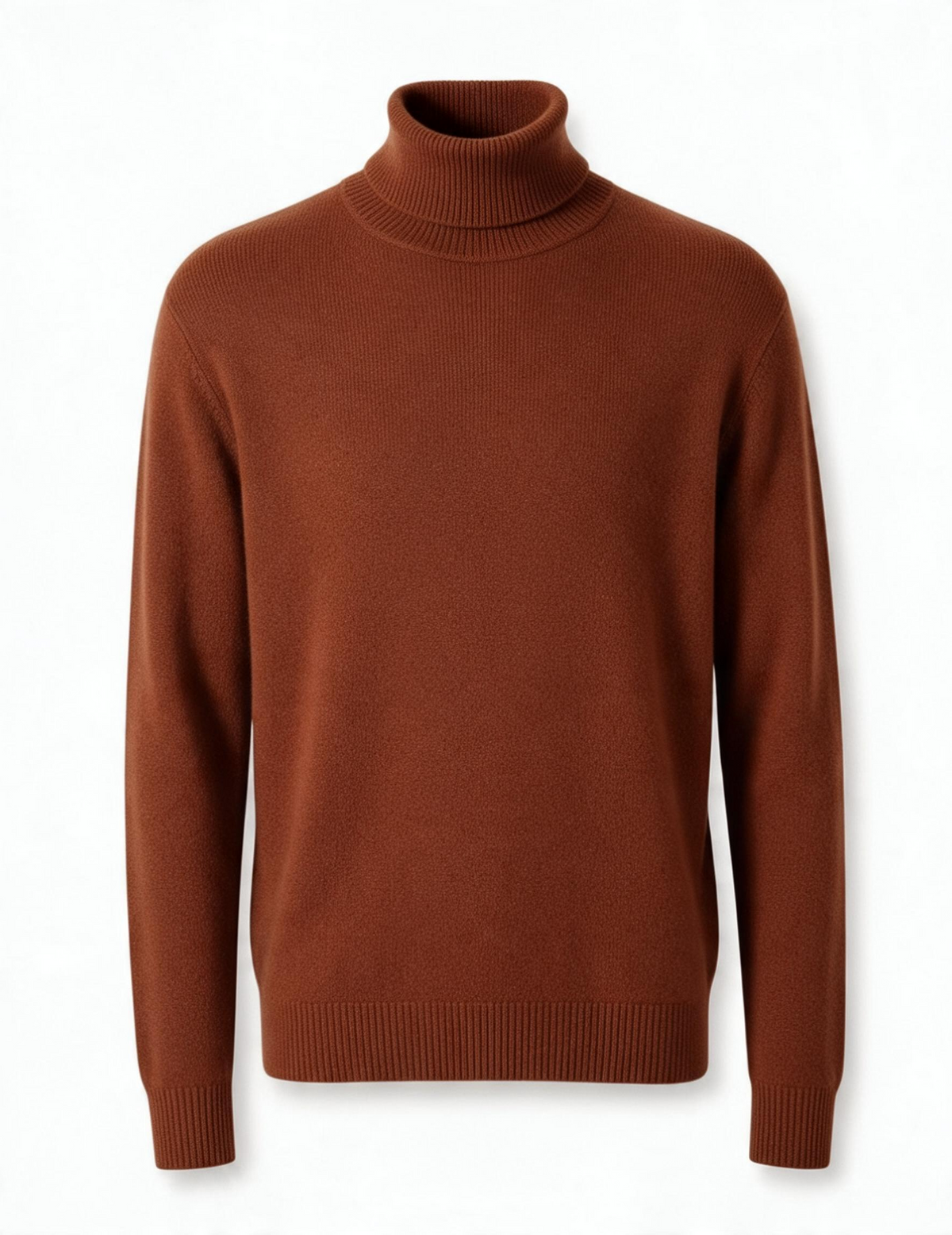Terry Corbett New York cappuccino brown cashmere turtleneck sweater with ribbed collar, cuffs, and hem.