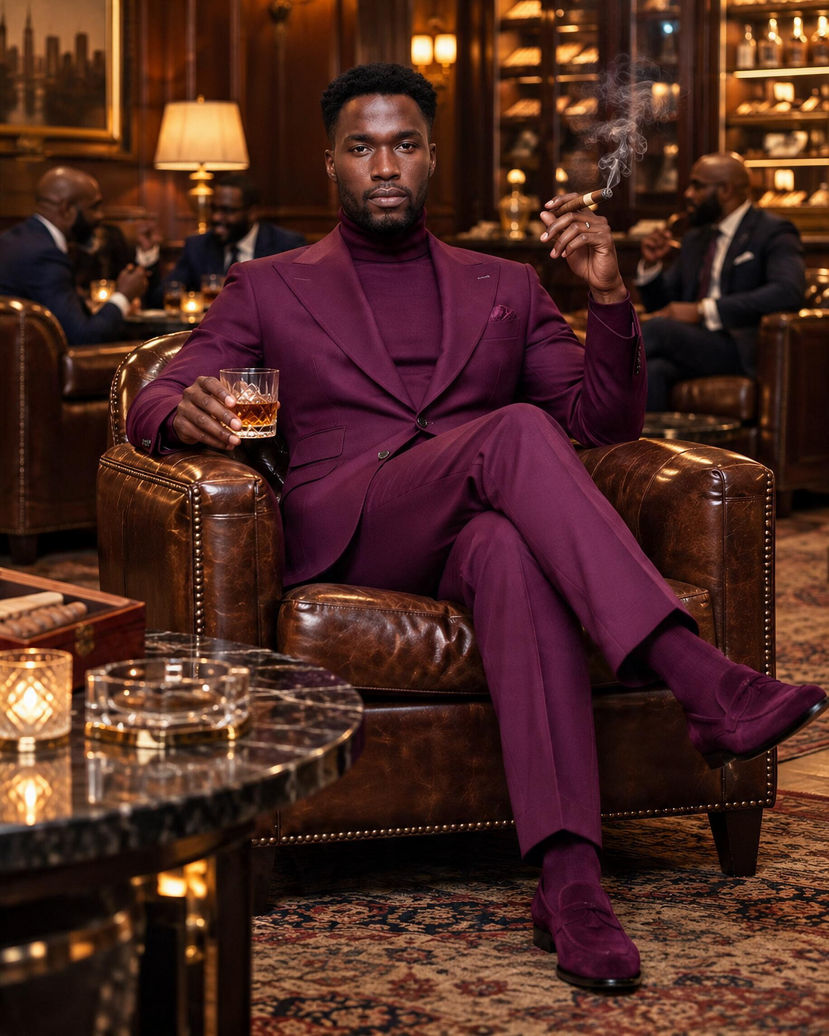 Terry Corbett New York burgundy 2 button peak lapel suit worn with a burgundy turtleneck in a cigar lounge