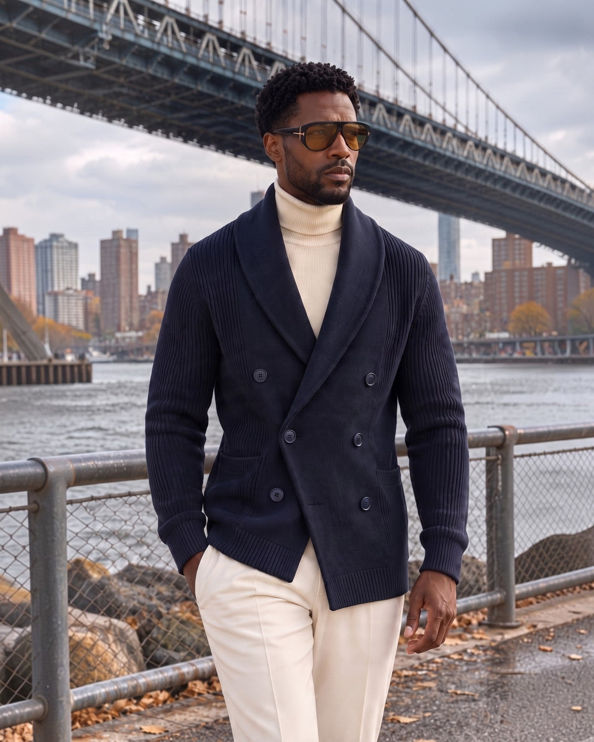 Terry Corbett New York navy double-breasted shawl-collar sweater worn with a cream turtleneck on a waterfront with a bridge behind