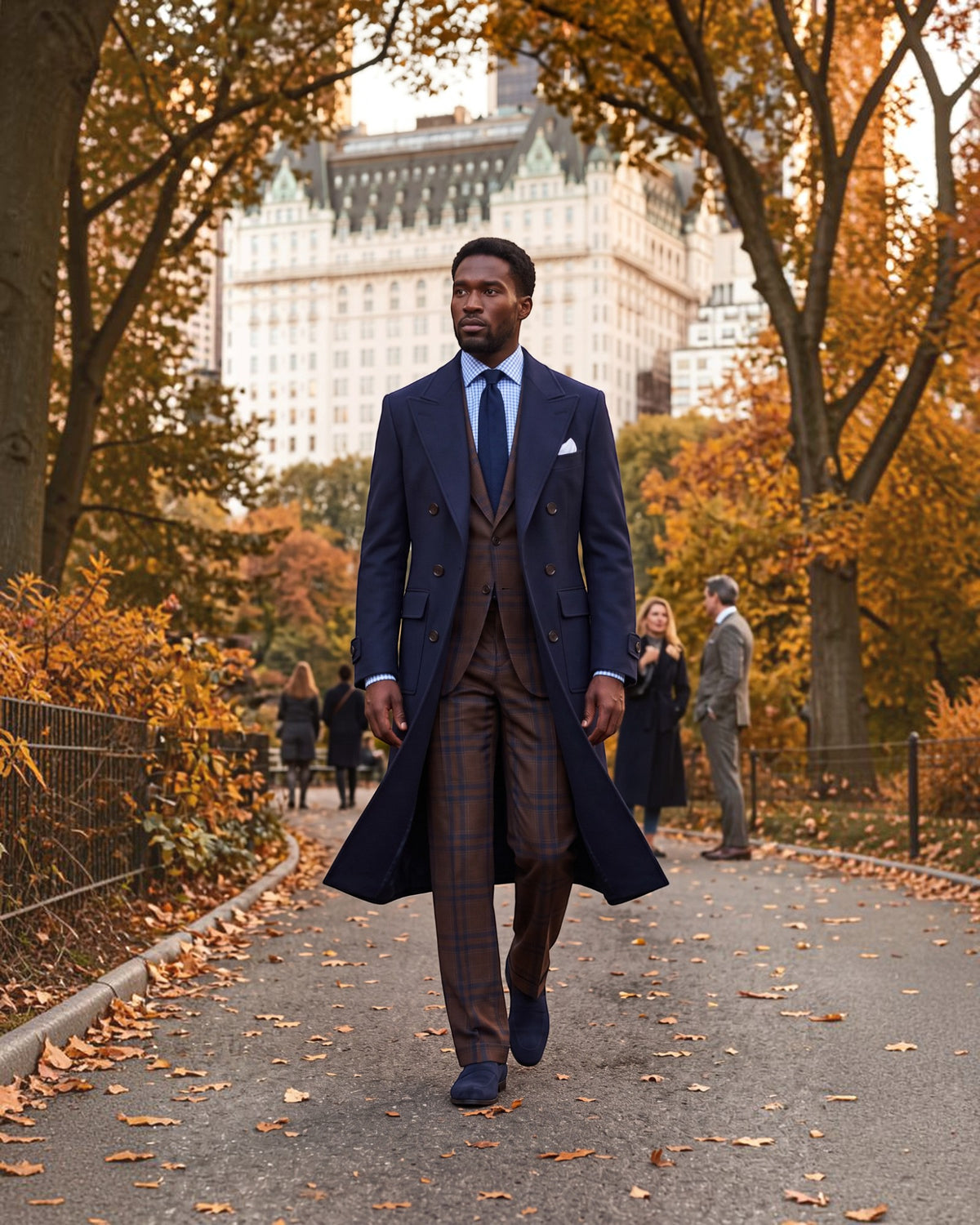 A man walks down a park path in autumn wearing a dark navy double-breasted overcoat over a brown plaid suit, with a blue tie and white pocket square.
