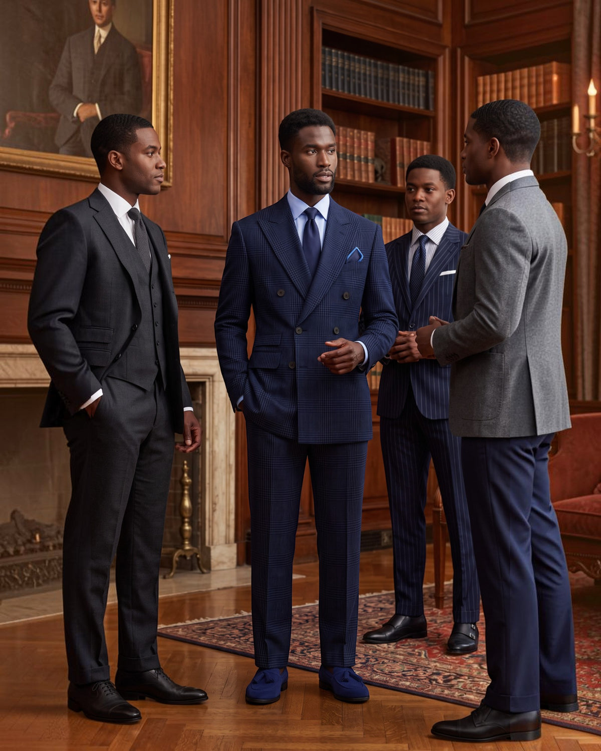 Four men in formal suits standing in a wood-paneled room. One man wears a dark charcoal three-piece suit, another wears a navy double-breasted suit with a blue tie and pocket square, a third wears navy pinstripes, and the fourth wears a light gray suit.