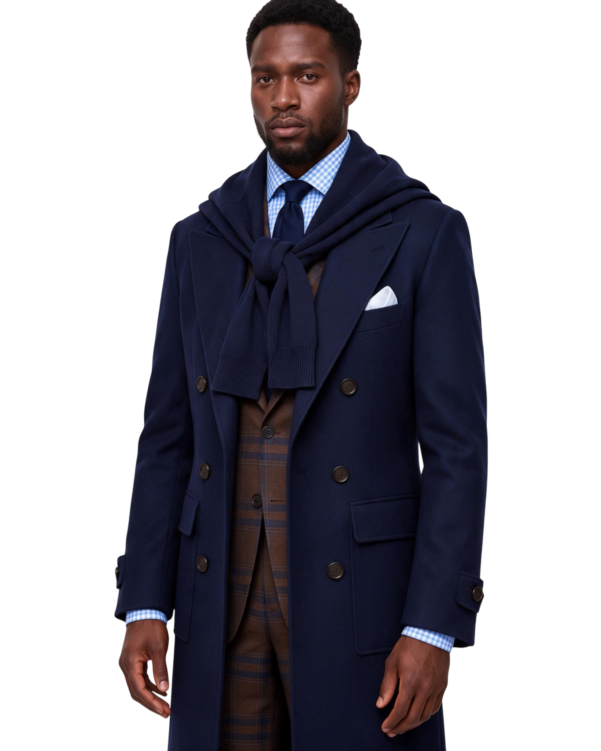 A man modeling a dark navy double-breasted overcoat with a matching navy hood, styled over a brown plaid vest, a blue check shirt, and a navy tie, against a plain white background.