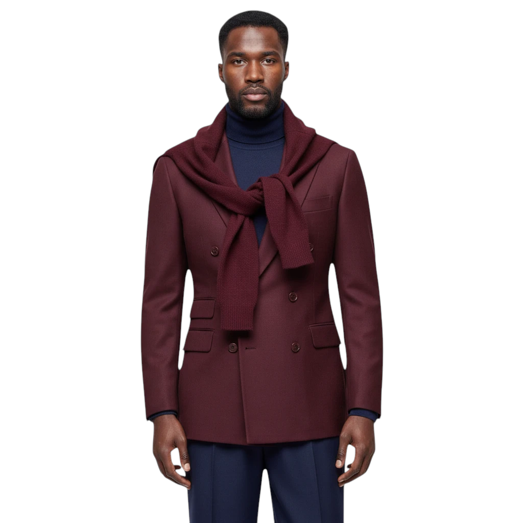 Terry Corbett New York burgundy double-breasted wool blazer worn by a man with a navy turtleneck and draped sweater