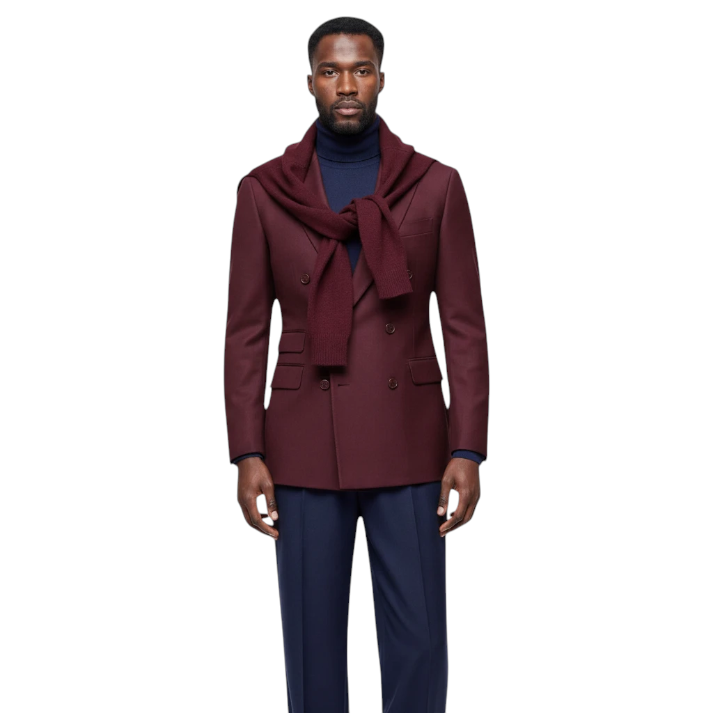 Terry Corbett New York deep burgundy double-breasted wool blazer worn by a model with a navy turtleneck sweater