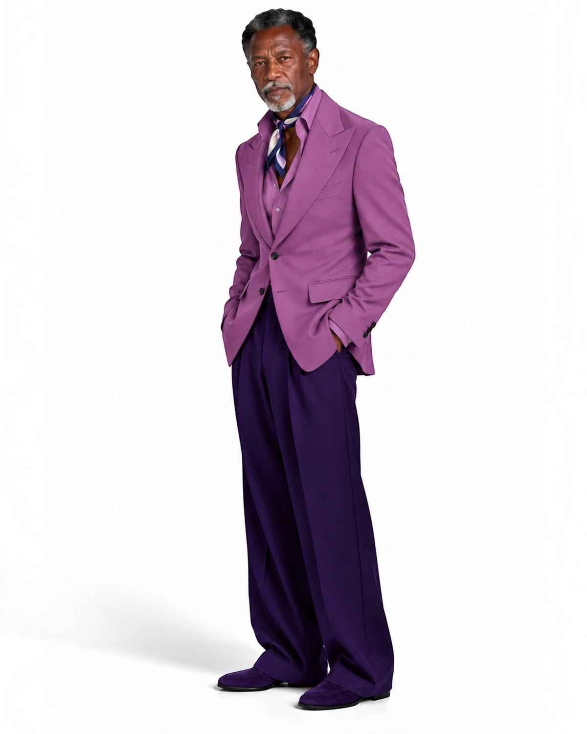 Terry Corbett New York tailored suit with a magenta blazer and deep purple wide-leg trousers worn by a mature man.
