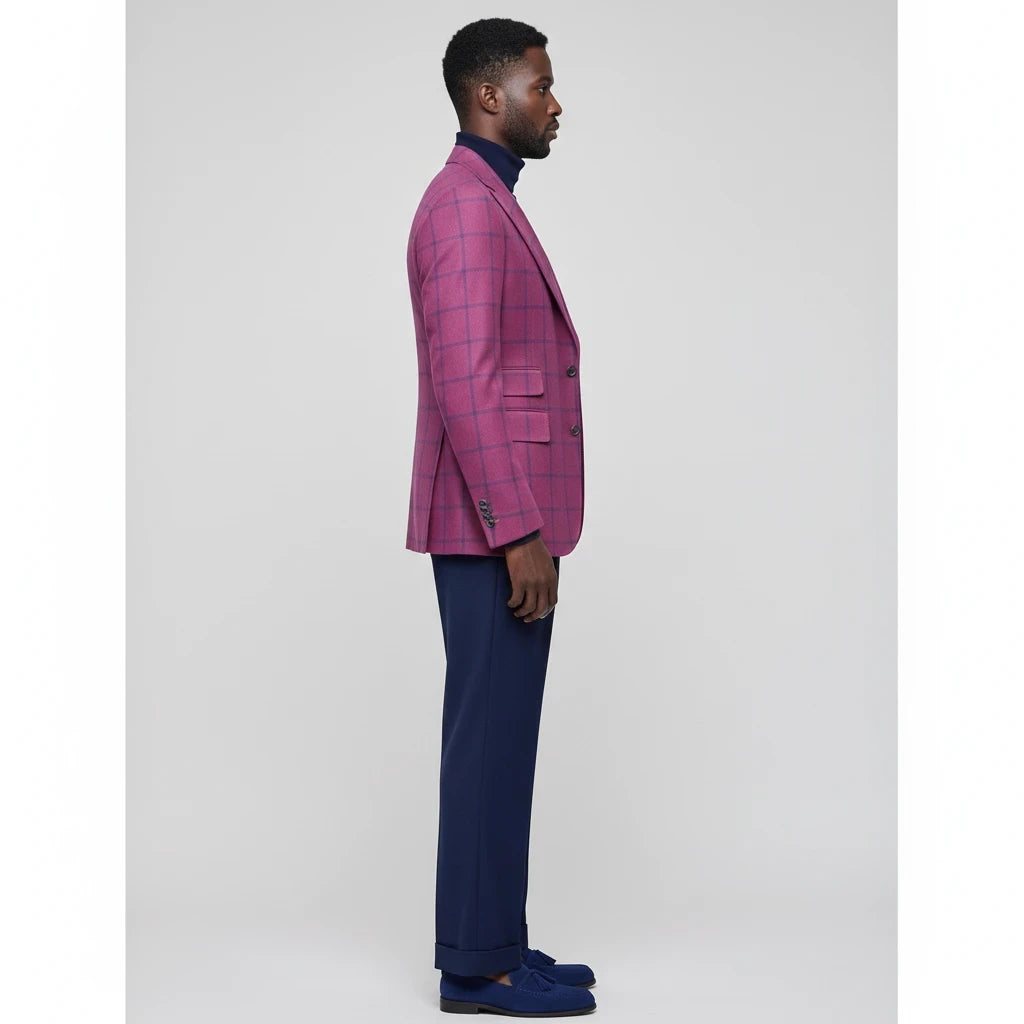 Terry Corbett New York magenta wool blazer with a dark windowpane check pattern, worn by a man in profile view.