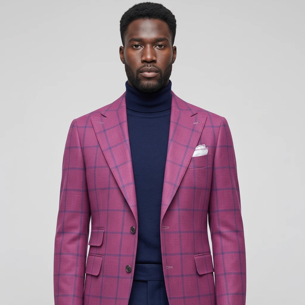 Terry Corbett New York magenta wool blazer with a dark windowpane check pattern, notched lapels, and flap pockets.
