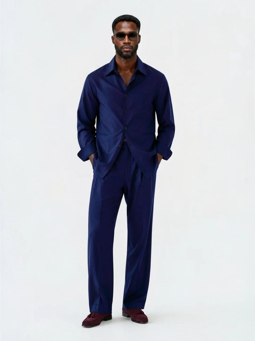 Terry Corbett New York navy blue button-down shirt and matching tailored trousers worn by a man with sunglasses