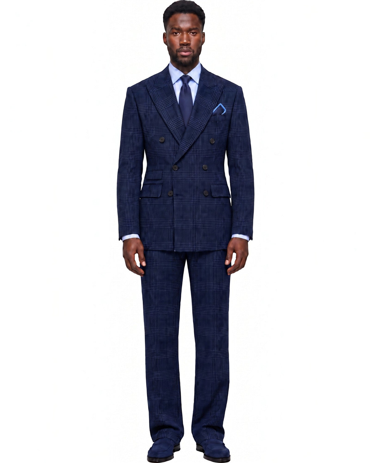Terry Corbett New York navy blue wool blend double-breasted plaid suit with peak lapels worn by a male model