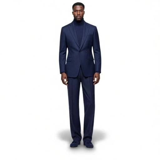 Terry Corbett New York navy blue wool double-breasted suit worn by a model with a matching turtleneck
