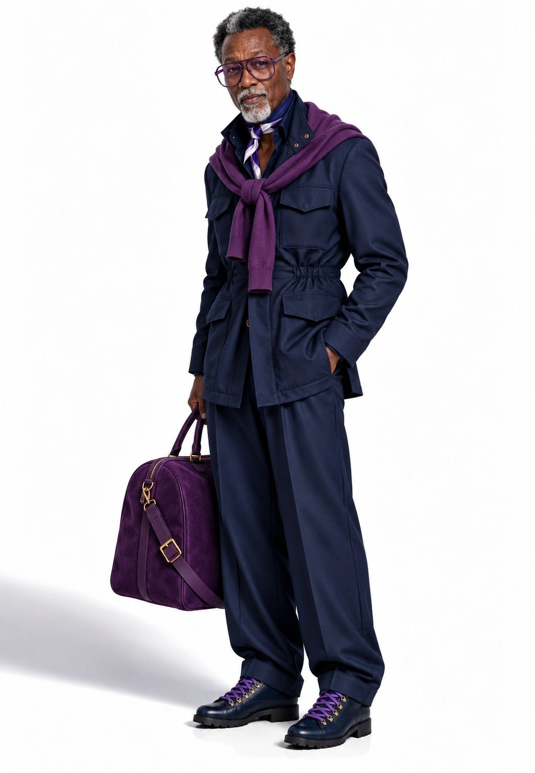 Terry Corbett New York deep purple suede weekend travel bag held by a stylish man in a navy suit and purple sweater
