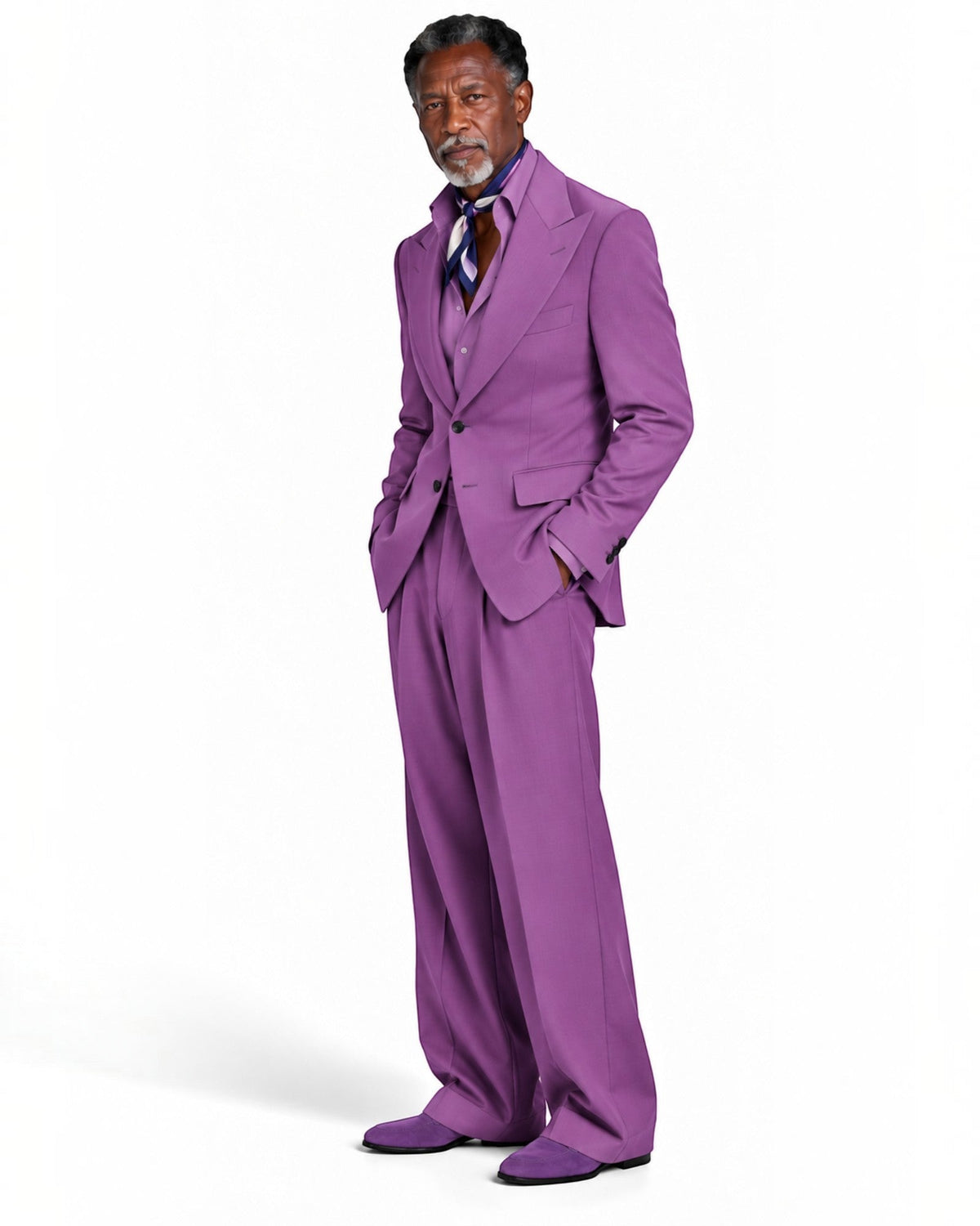 Terry Corbett New York vibrant violet three-piece suit with peak lapels worn by a mature man with a silk neckerchief