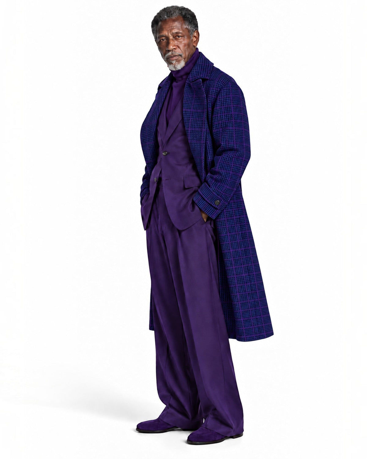 Terry Corbett New York purple wool suit and houndstooth overcoat worn by a man with a turtleneck sweater