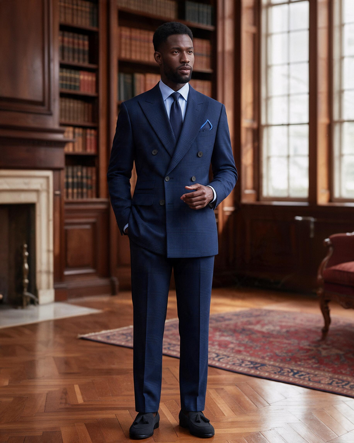Terry Corbett New York navy glen plaid double-breasted suit with peak lapels, worn by a male model in a wood-paneled library