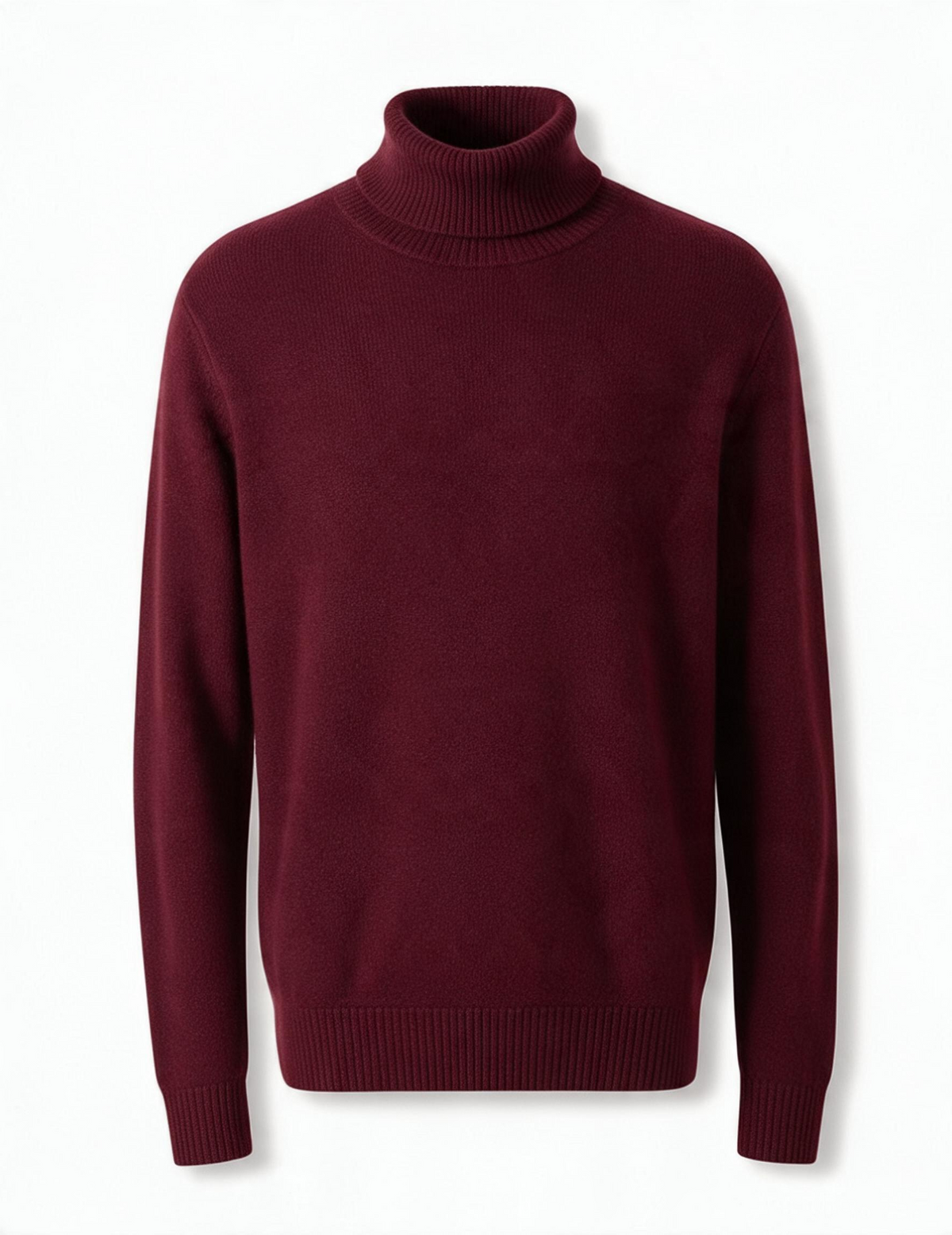 Terry Corbett New York burgundy cashmere turtleneck sweater with ribbed roll neck, cuffs, and hem.