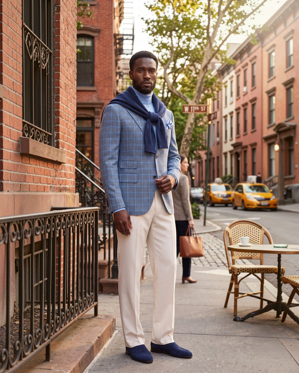 A man stands on a city sidewalk wearing a light blue plaid blazer, cream trousers, navy loafers, and a navy scarf. Brick townhouses, street furniture, and yellow cabs are visible in the background.