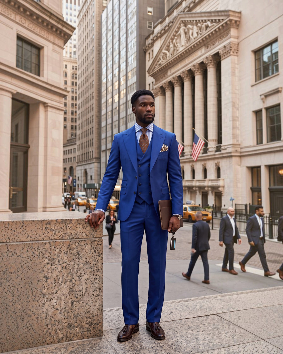 A man wearing a sharp blue three-piece suit stands on a city street in front of a grand classical building. He is styled with a brown patterned tie, a white shirt, and brown leather loafers, holding a brown leather book or portfolio.