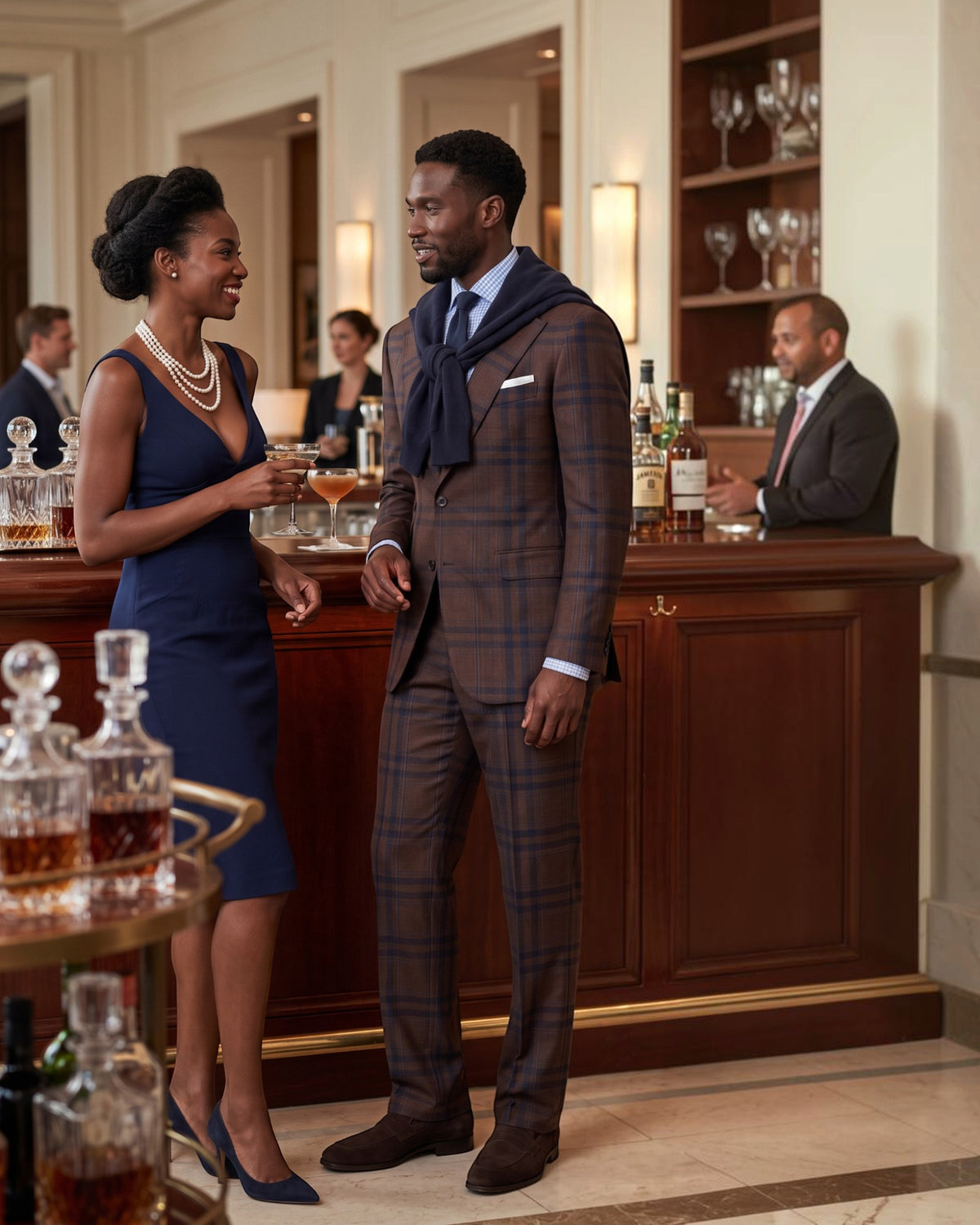 A man and a woman in formal wear pose at a luxury bar. The man wears a brown plaid suit with a navy blue scarf, and the woman wears a navy blue sleeveless dress.