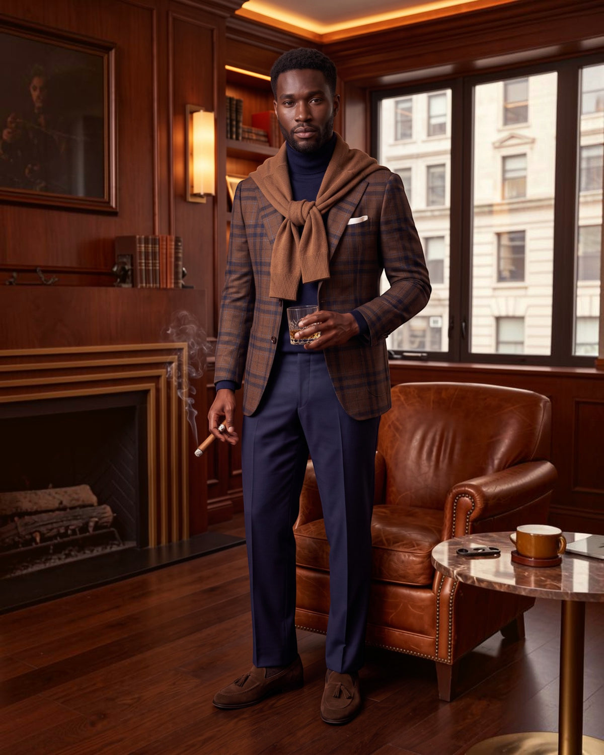 A man stands in a warm, wood-paneled room wearing a brown and navy plaid blazer, navy trousers, a brown turtleneck, and a tan hooded sweater draped over his shoulders. He holds a cigar and a glass, standing beside a brown leather armchair and a small table with a cup.