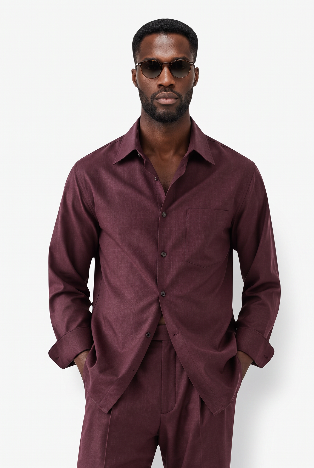 Terry Corbett New York Burgundy Wool Matching Button Down Shirt and Trousers Set