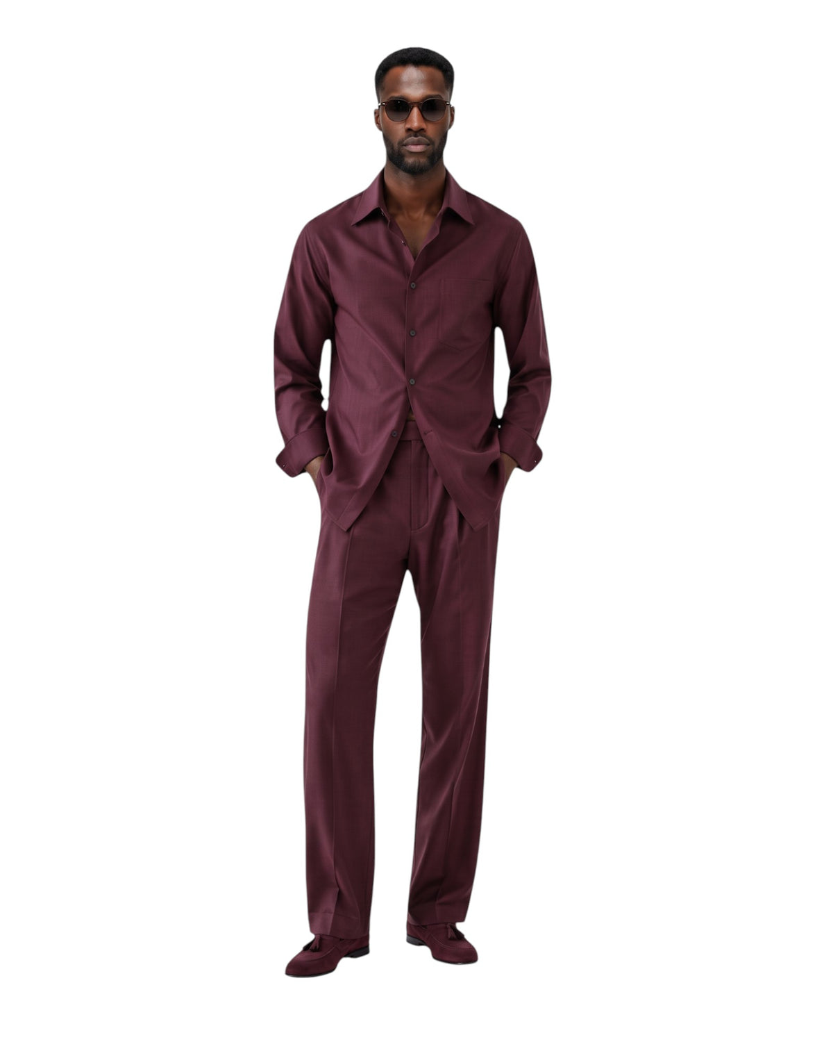 Terry Corbett New York Burgundy Wool Matching Button Down Shirt and Trousers Set
