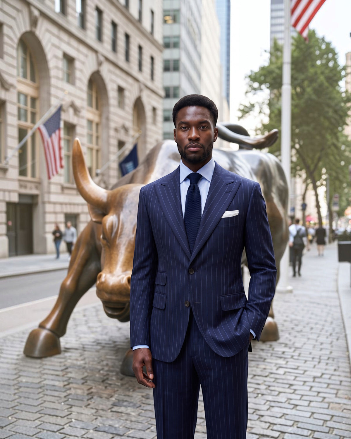 A man wearing a navy blue pinstripe suit, white dress shirt, and dark tie stands in front of the Charging Bull statue on a city street.