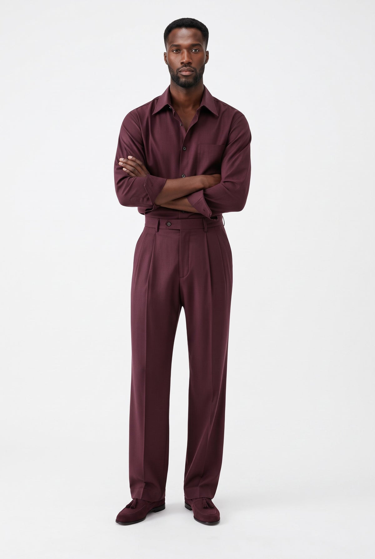 Terry Corbett New York Burgundy Wool Matching Button Down Shirt and Trousers Set