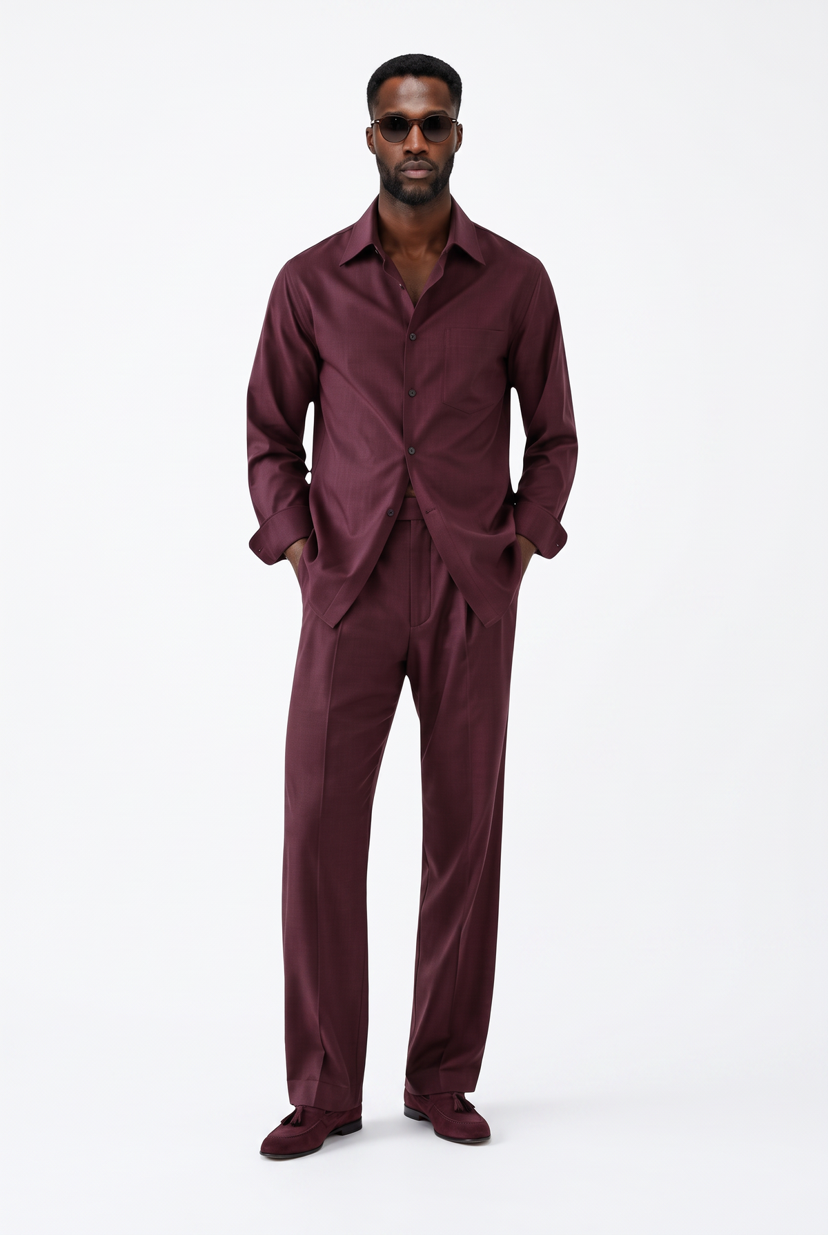 Terry Corbett New York Burgundy Wool Matching Button Down Shirt and Trousers Set