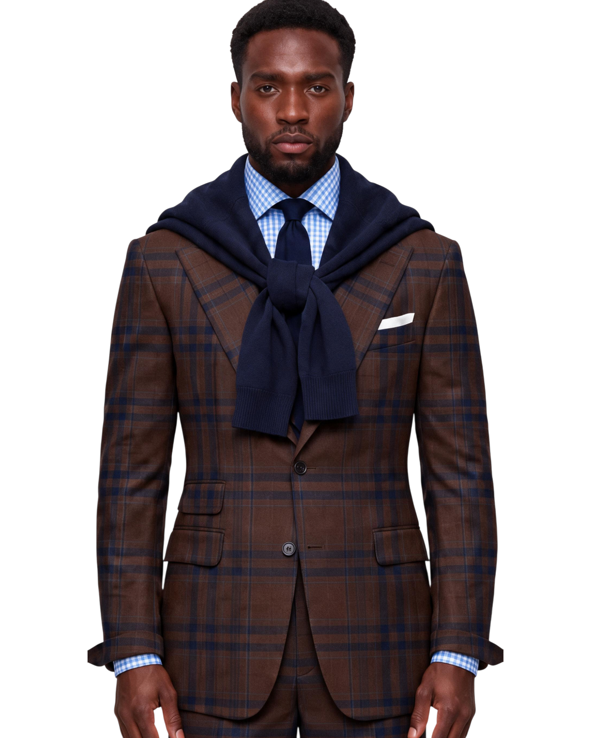 Brown plaid suit with a navy blue tie, a light blue dress shirt, and a navy blue hooded scarf draped over his shoulders. 