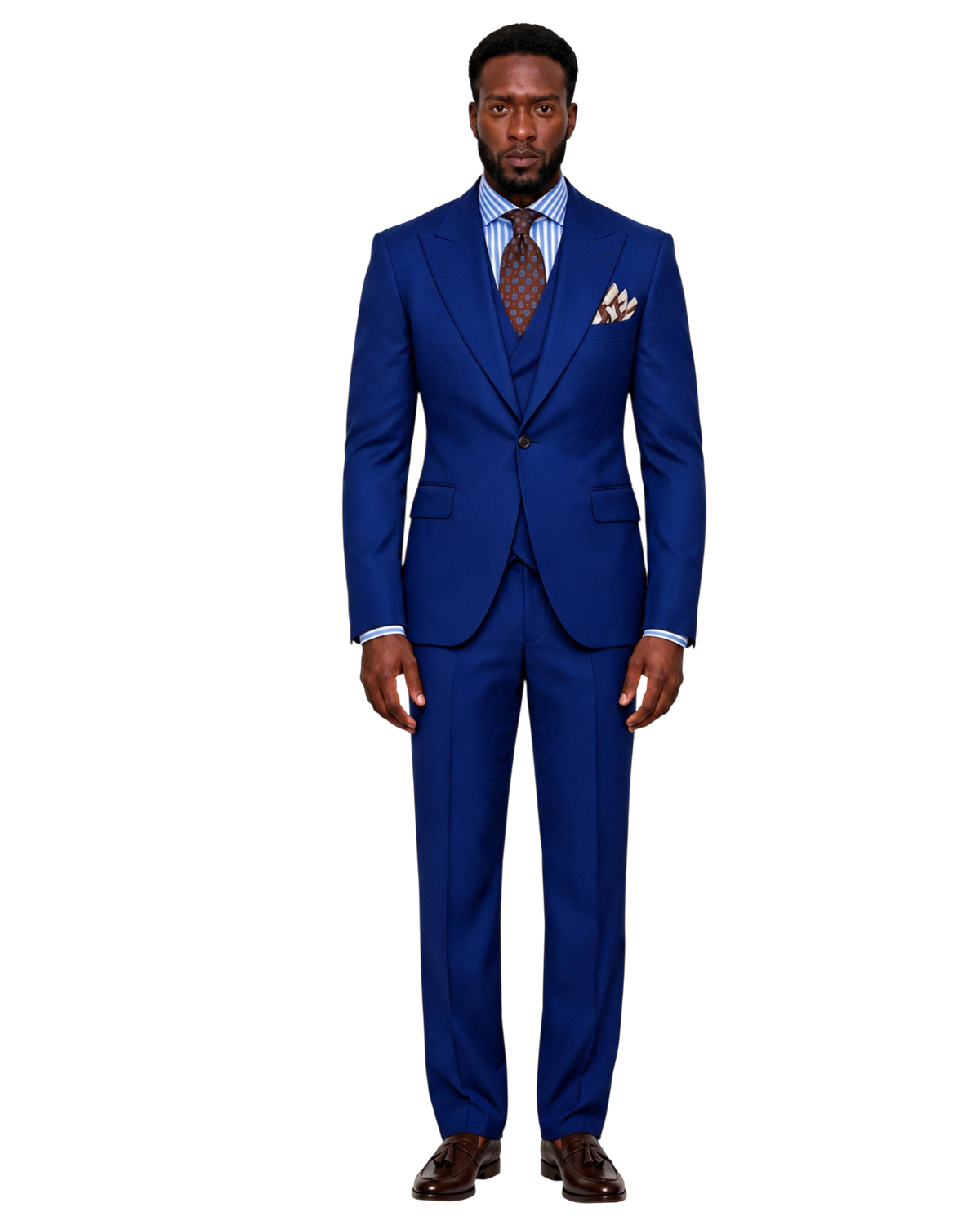 A man modeling a royal blue three-piece suit with a matching vest, striped blue and white dress shirt, a brown patterned tie, and a matching pocket square, set against a plain white background.
