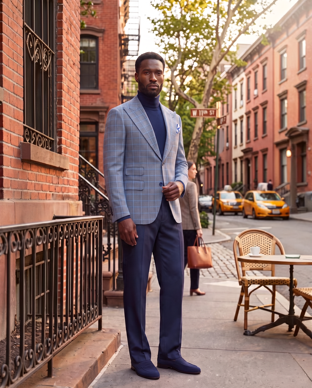 A man stands on a city sidewalk wearing a light blue plaid peak lapel blazer, a navy turtleneck, navy trousers and navy suede loafers. Brick townhouses, street furniture, and yellow cabs are visible in the background.