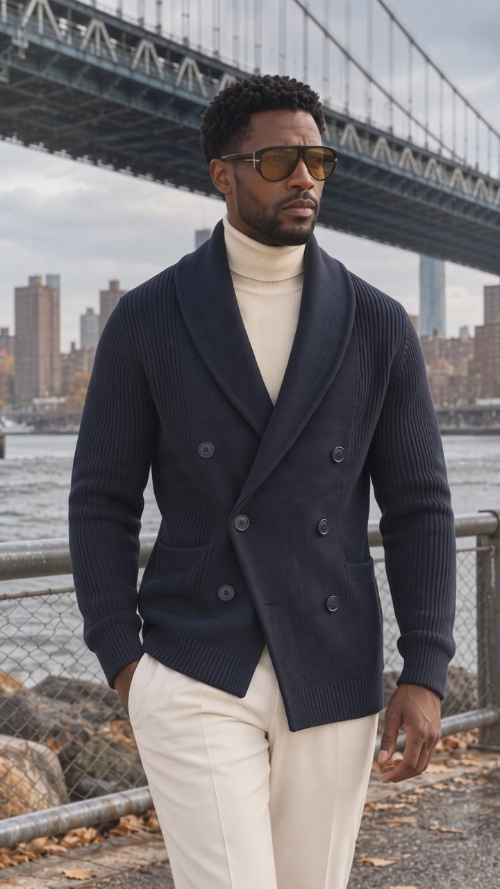 Close-up turn video of the Terry Corbett New York navy double-breasted sweater showing the ribbed knit