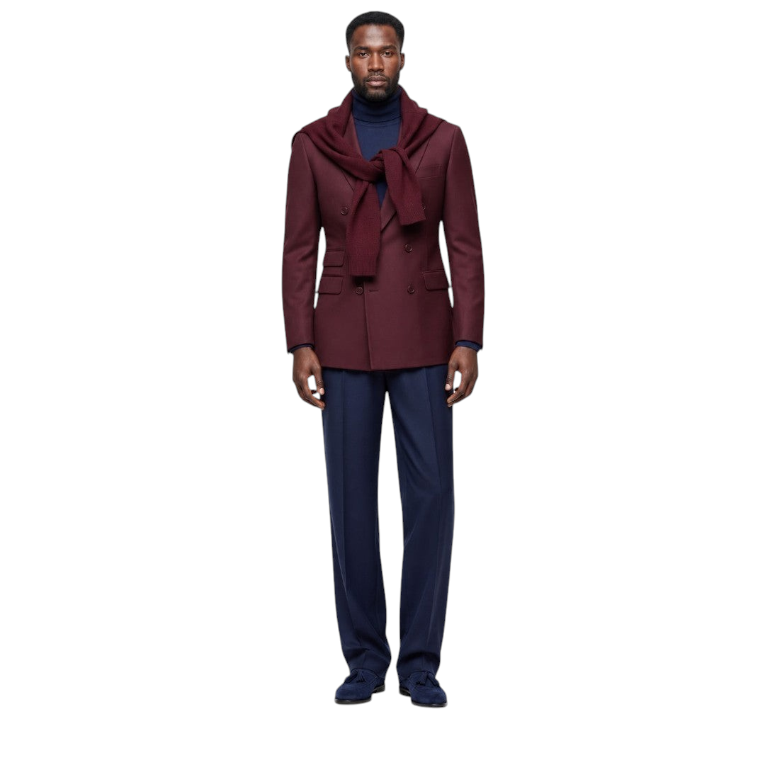 Terry Corbett New York burgundy double-breasted wool blazer worn by a man with a navy turtleneck and matching sweater