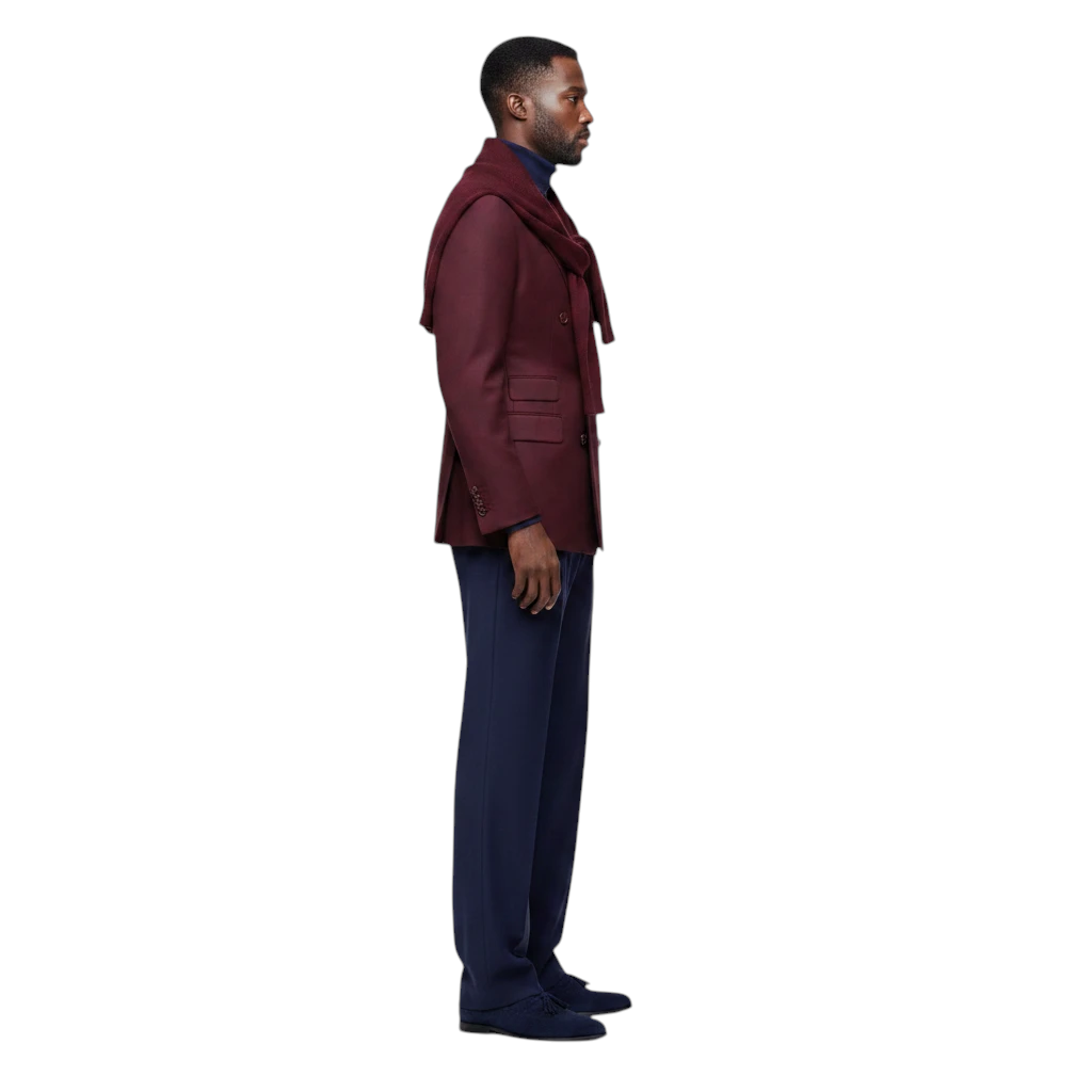 Terry Corbett New York deep burgundy double-breasted wool blazer worn by a man with a sweater draped over shoulders