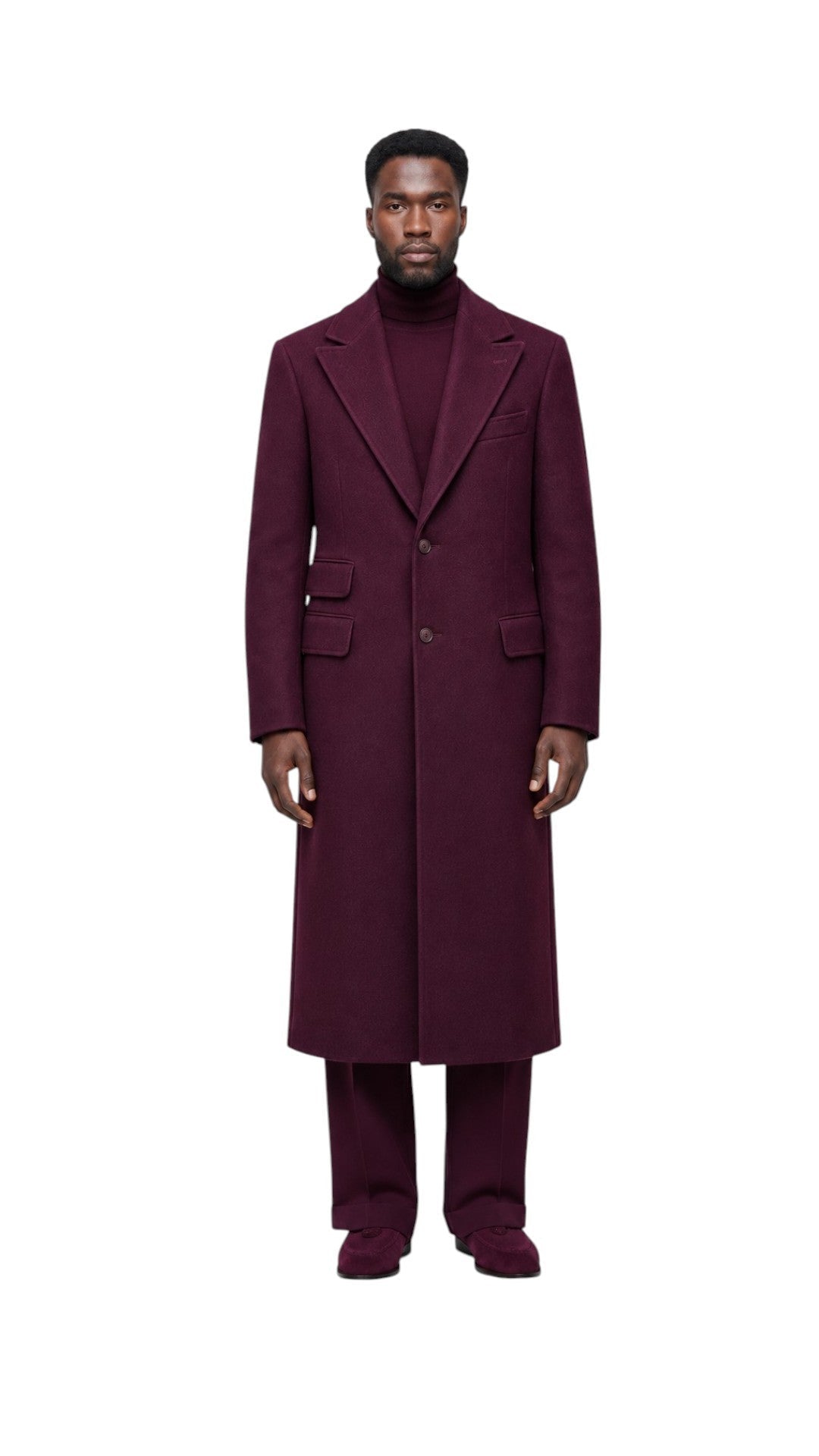 Terry Corbett New York men's deep burgundy wool-blend overcoat with peak lapels and a two-button front closure.