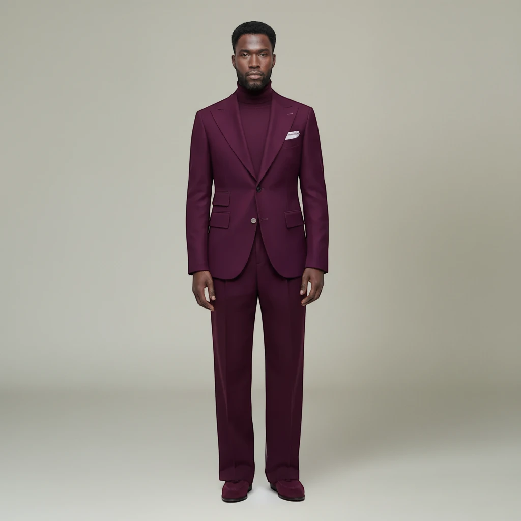 Terry Corbett New York deep burgundy wool blend tailored two-piece suit with peak lapels worn by a man in a turtleneck