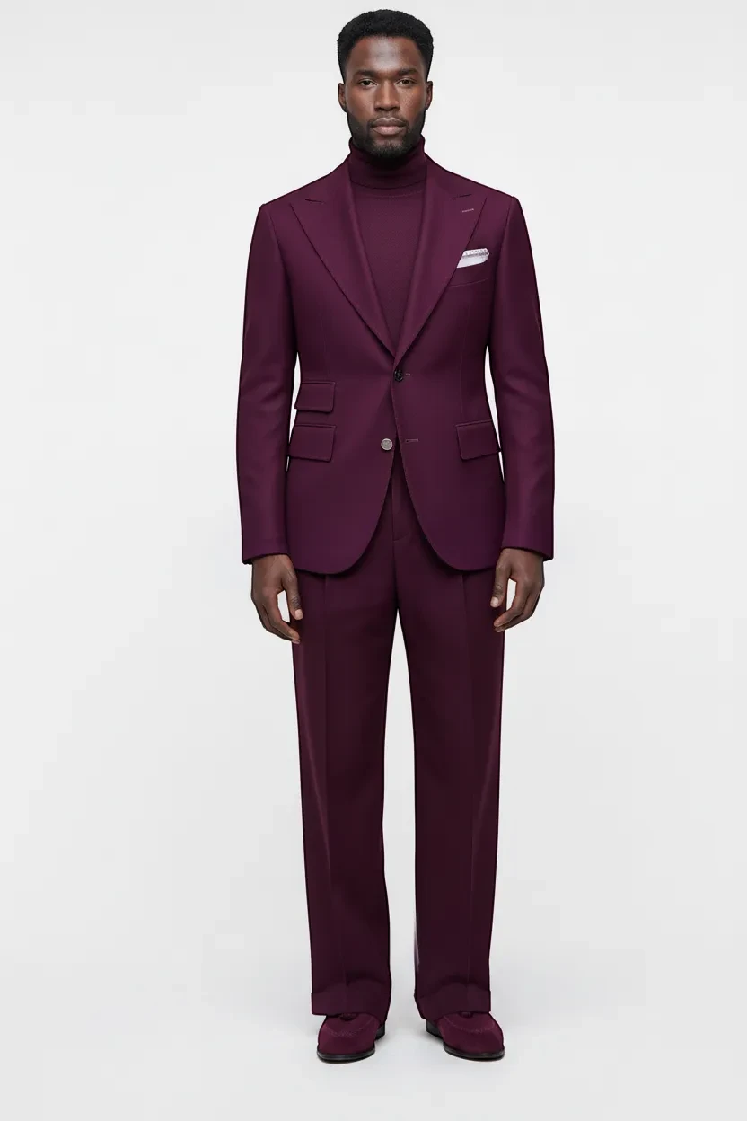 Terry Corbett New York deep burgundy wool blend two-piece suit with peak lapels worn by a man in a matching turtleneck