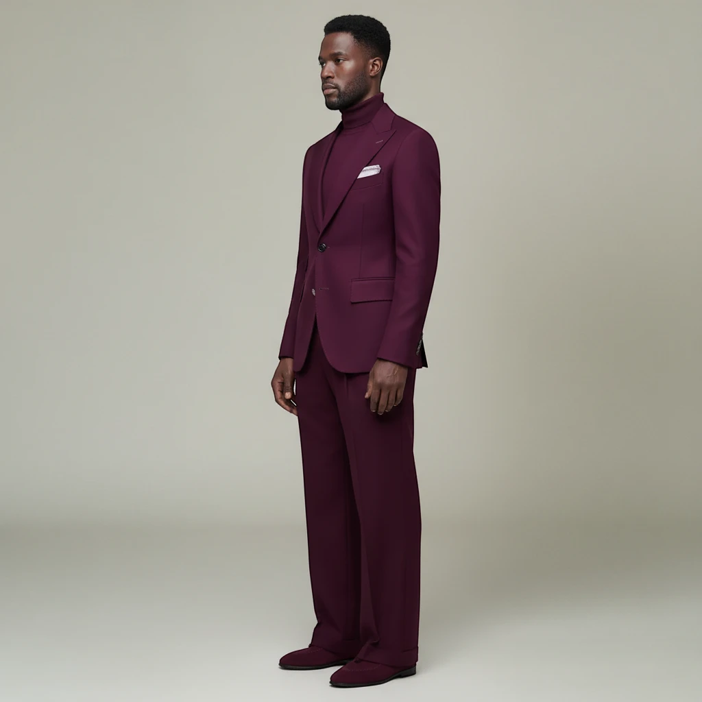 A model wearing a Terry Corbett New York deep burgundy wool blend two-piece suit with a matching turtleneck.