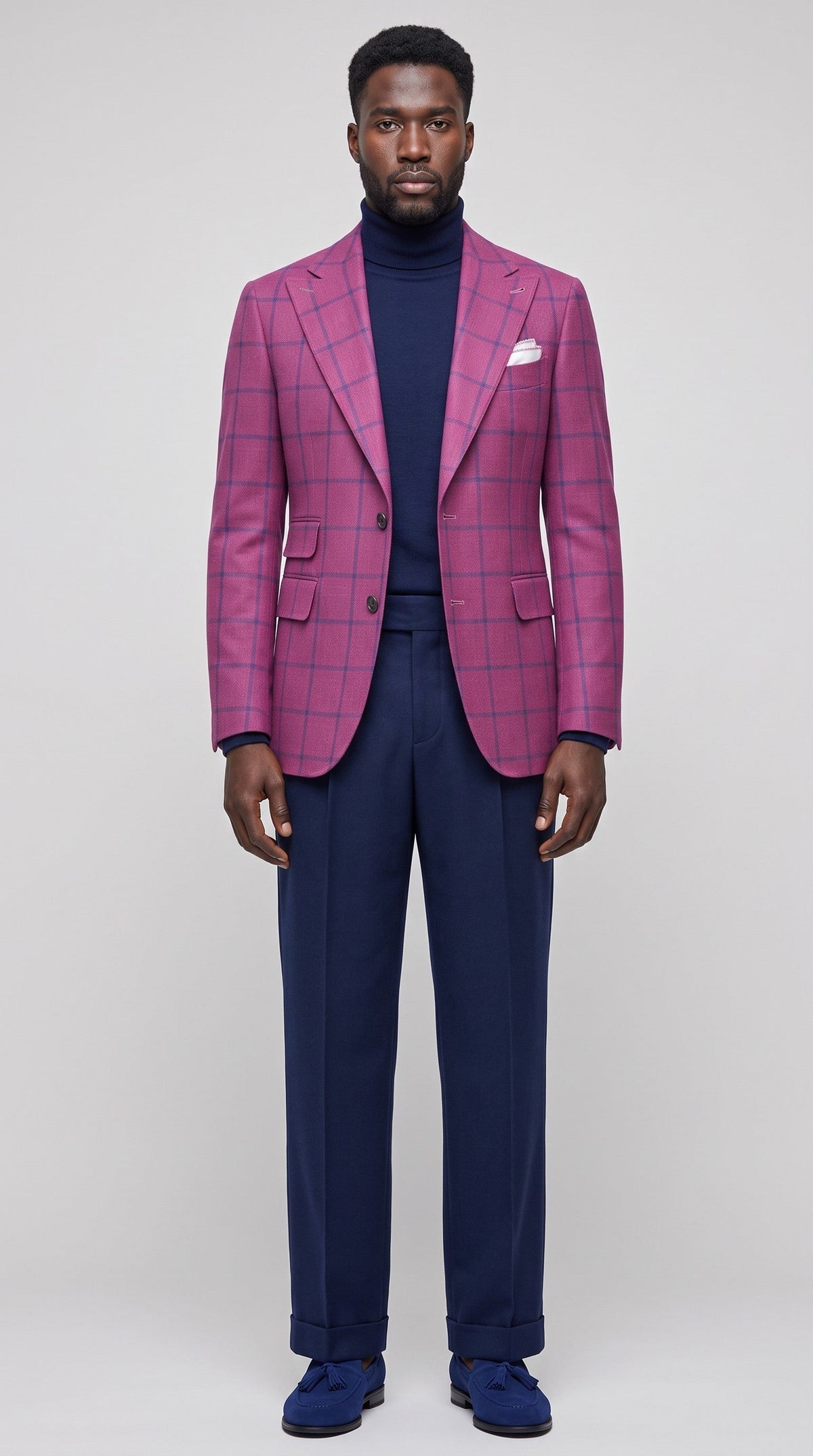 Terry Corbett New York magenta wool blazer with a dark windowpane check pattern, worn over a navy turtleneck.