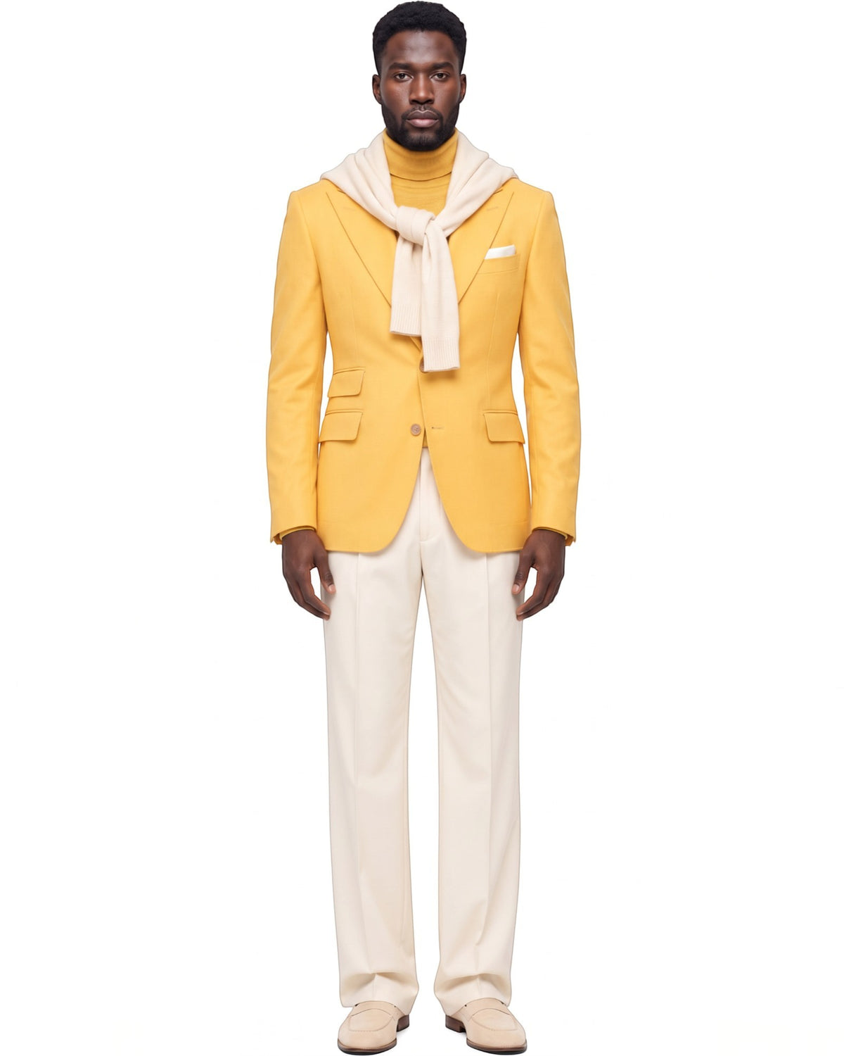 Terry Corbett New York mustard yellow wool blazer with notch lapels and single-button closure on a male model