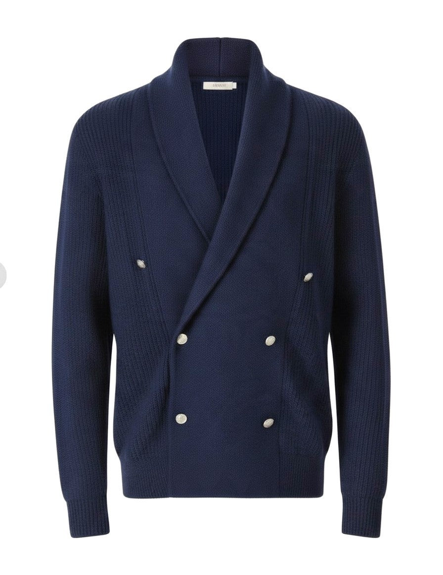 Terry Corbett New York navy wool and cashmere double-breasted sweater with a shawl collar and silver buttons