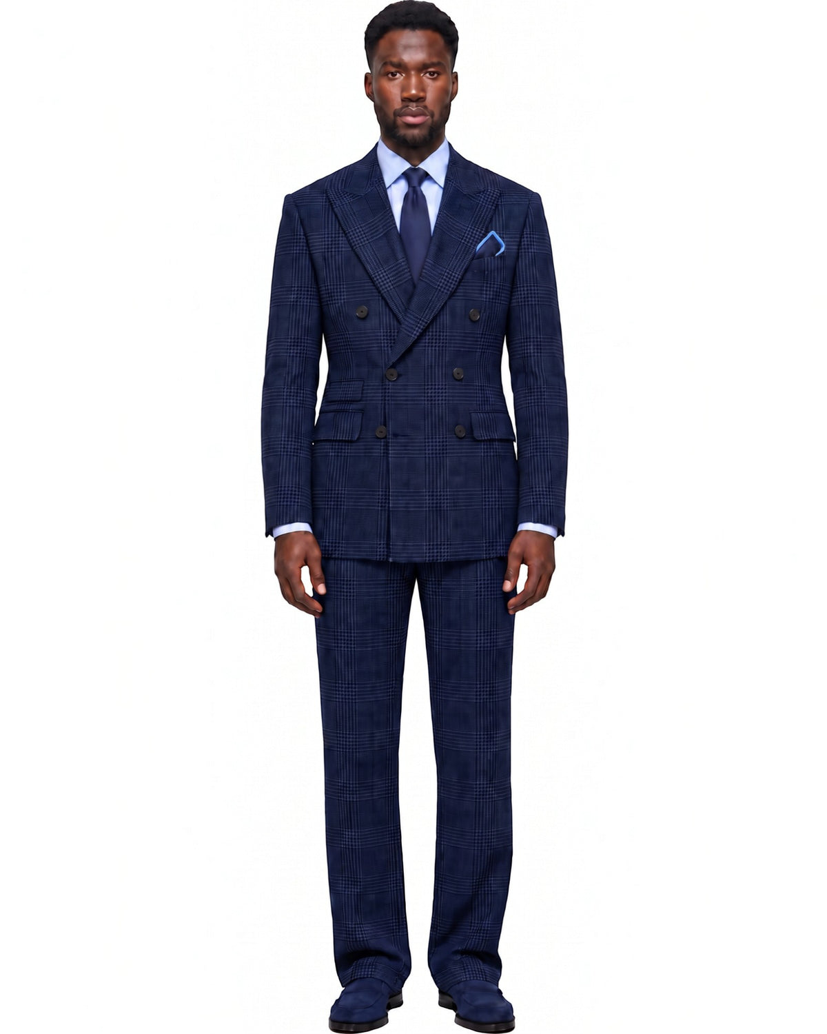 Terry Corbett New York navy blue wool blend double-breasted plaid suit with peak lapels worn by a male model