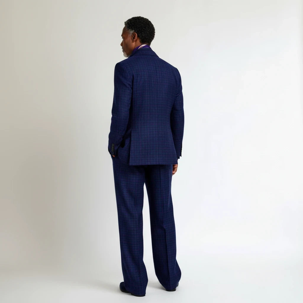 Terry Corbett New York men's navy and purple plaid wool blend tailored suit seen from the back on a male model