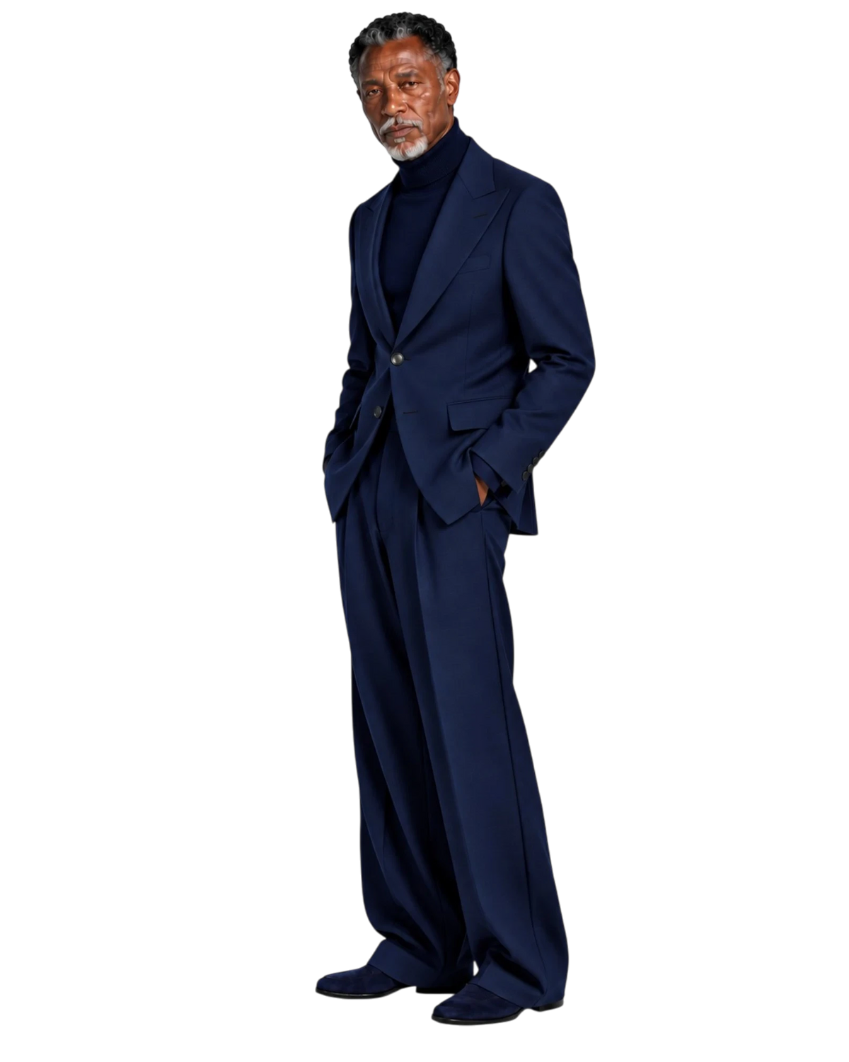 Terry Corbett New York navy blue wool-blend tailored suit with peak lapels and wide-leg trousers on a mature model