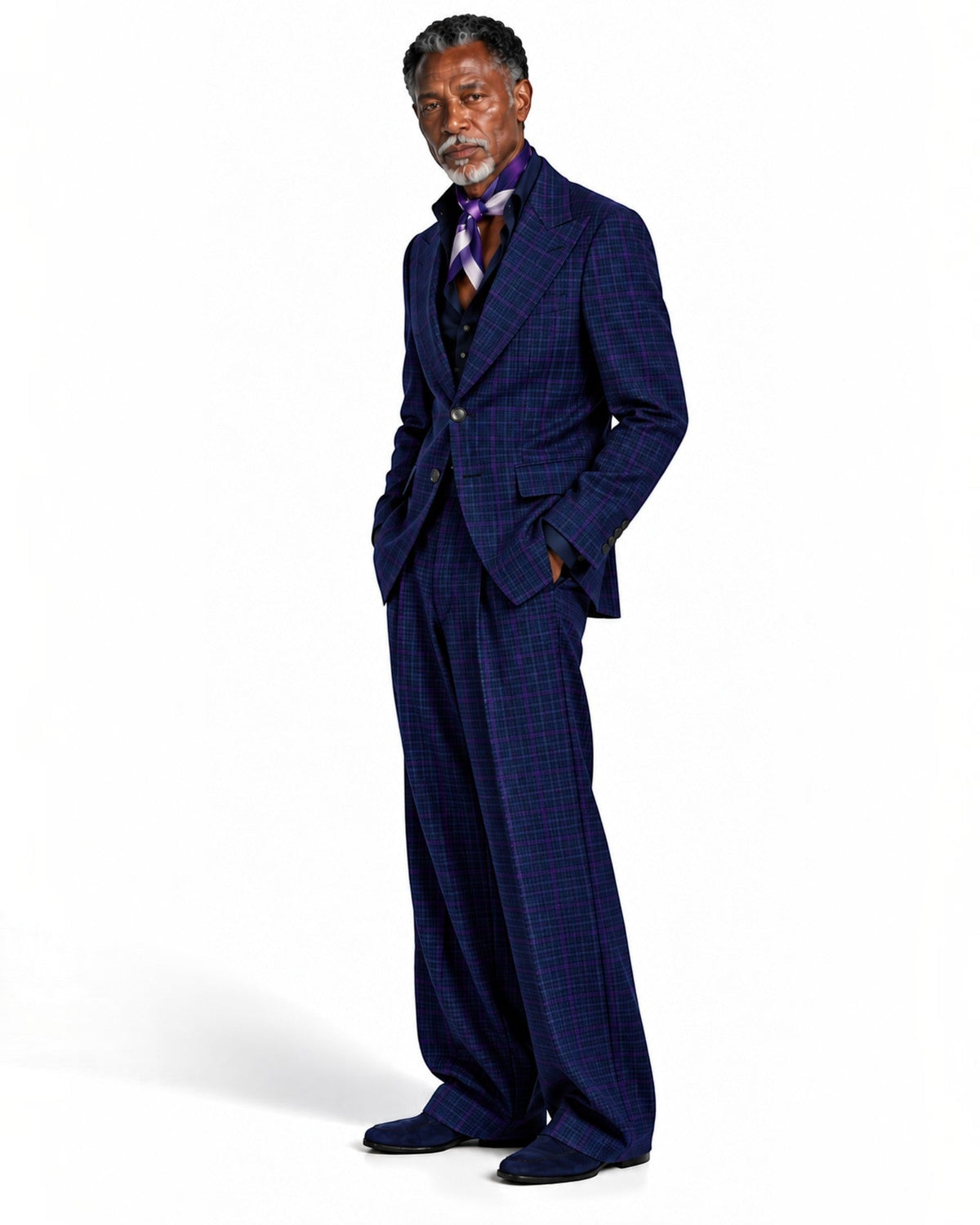 Terry Corbett New York men's navy and purple plaid wool blend tailored suit with wide-leg trousers and silk neckerchief