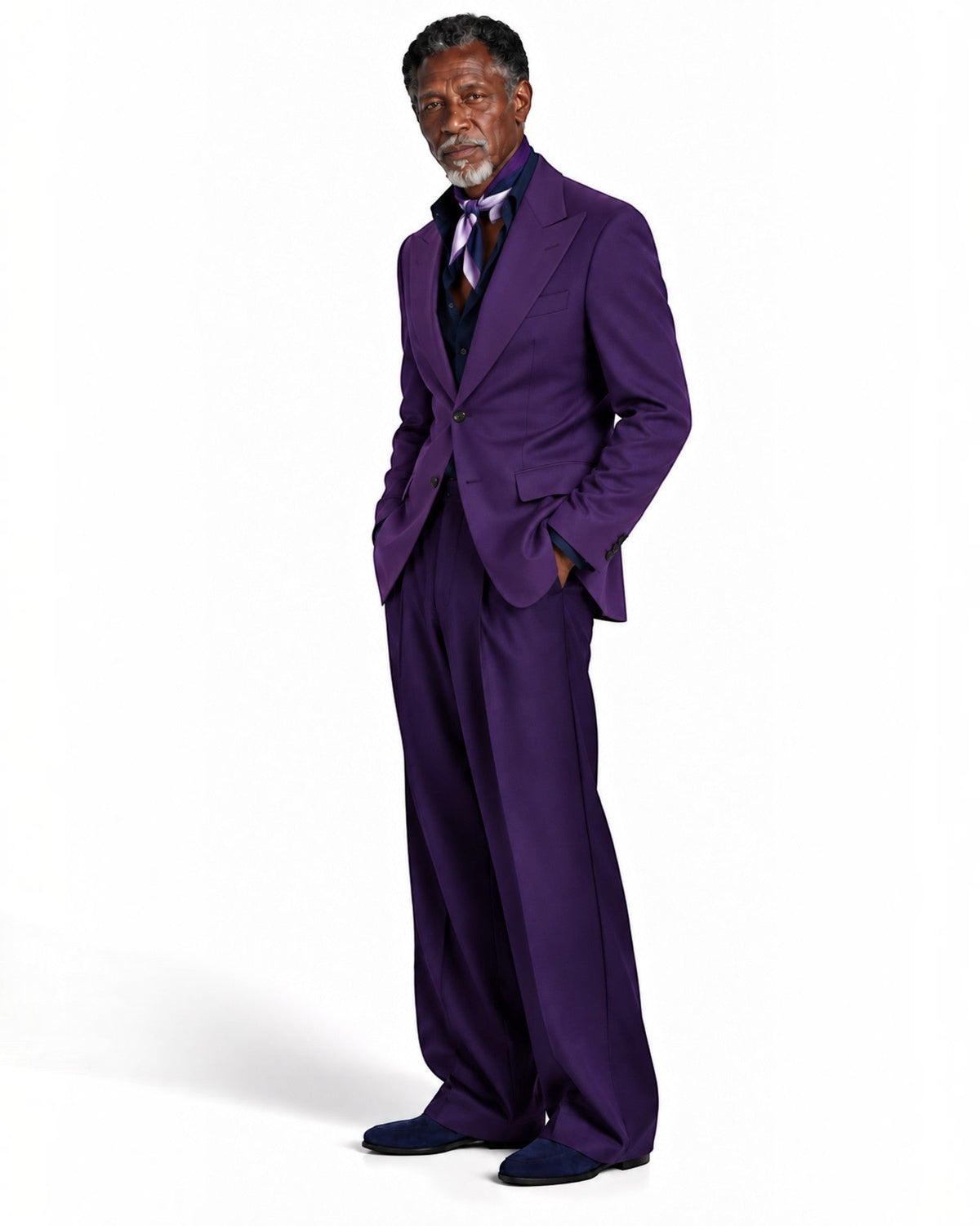 Terry Corbett New York deep purple tailored two-piece suit worn by a man with a silk scarf and dark dress shoes